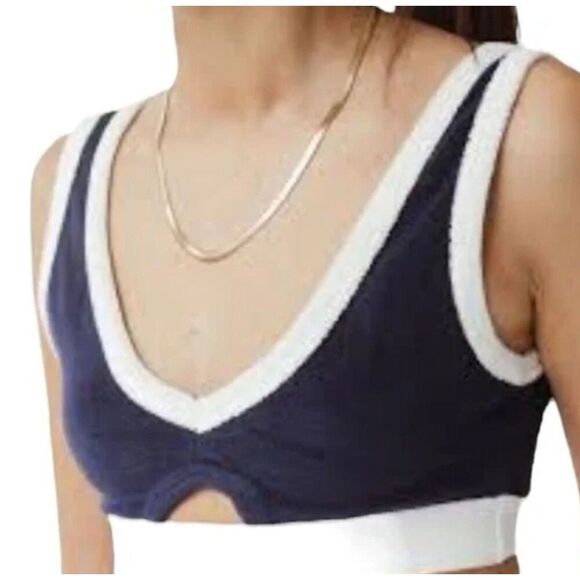 ZARA Terry Cloth 70s Womens Crop Tank Top Bralette Navy White Cut Out V Neck M - Picture 1 of 7